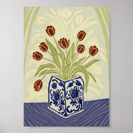 Rote Tulpen in blauer quadratischer Chinoiserie-Va Poster