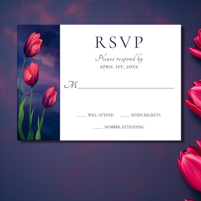 Rote Tulpen, Sterne und Vollmondhochzeit RSVP Karte (Front - Watercolor Red Tulips, Stars and Full Moon Wedding RSVP Card)