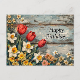 Rote Tulpen und Osterglocken auf blauem Holz Postkarte