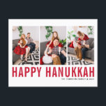 Rote Typografie Foto Collage Happy Hanukkah Feiertagspostkarte<br><div class="desc">Happy Hanukka! Individuell anpassbare Happy Hanukkah Foto Collage Postcard mit roter Typografie und Schneemuster. Personalisieren Sie Ihre Daten durch Hinzufügen von drei Fotos,  Namen,  Jahr und anderen Details. Diese moderne Hanukkah Postkarte ist in anderen Farben und mit Karton erhältlich.</div>