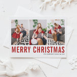 Rote Typografie Frohe Weihnachten Drei FotoCollage Postkarte<br><div class="desc">Frohe Weihnachten! Individuell gestaltbare Weihnachts-Foto-Collage Postcard mit roter und schwarzer Typografie. Personalisieren Sie Ihre Daten durch Hinzufügen von drei Fotos,  Namen,  Jahr und anderen Details. Diese moderne Weihnachtspostkarte ist in anderen Farben und mit Karton erhältlich.</div>