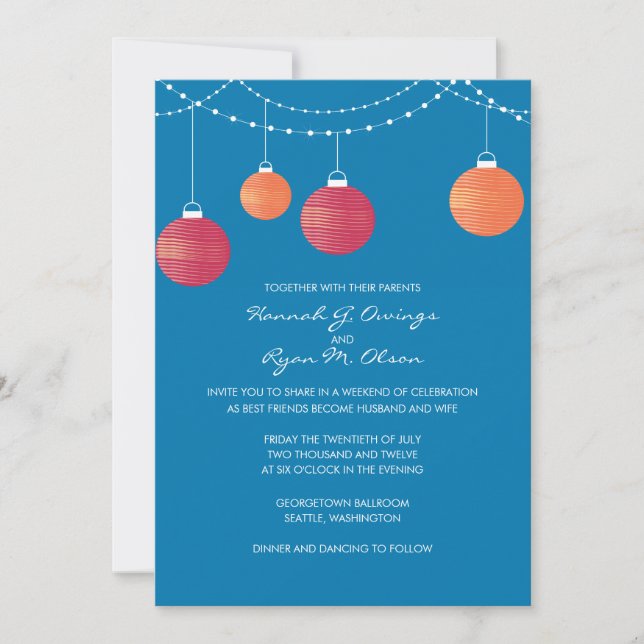 Rote u. orange Papierlaternen-Hochzeits-Einladung Einladung (Vorderseite)