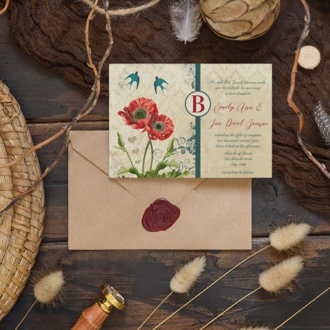 Rote und Aquamarine Blaue Liebesvögel Damask Mohne Einladung (Von Creator hochgeladen)