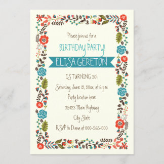 Rote und aquamarine Blumengrenzfrauen Geburtstagsp Einladung