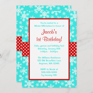 Rote und Aquamarine Schneeflocken Wintereinland Einladung