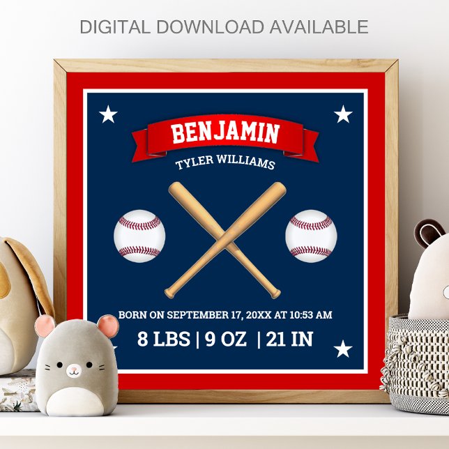 Rote und blaue Baseballschläger und -bälle Geburts Poster (Von Creator hochgeladen)