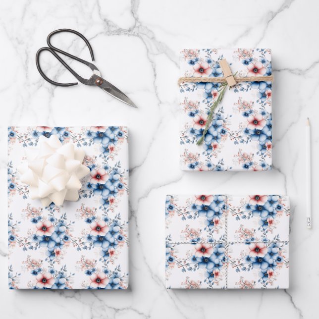 Rote und blaue Blumen auf Weiß Geschenkpapier Set (Vorderseite)