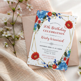 Rote und blaue Blumen Rahmen 50. Geburtstag Einladung