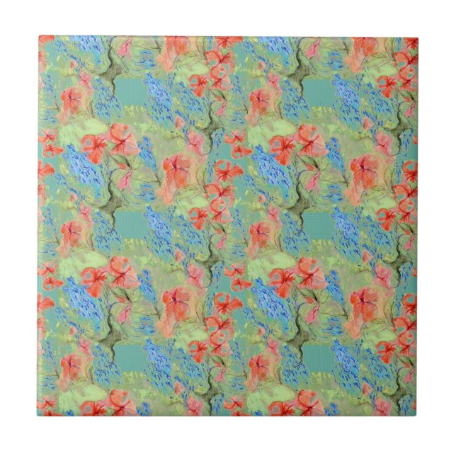 Rote und blaue Blumen und grüne Blätter Fliese (Vorderseite)