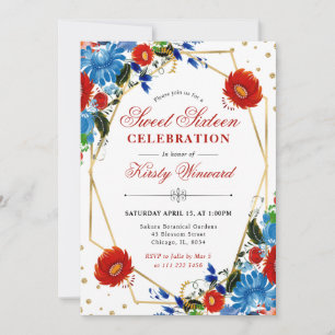 Rote und blaue Frühlingsblumen rahmen Sweet 16 Einladung