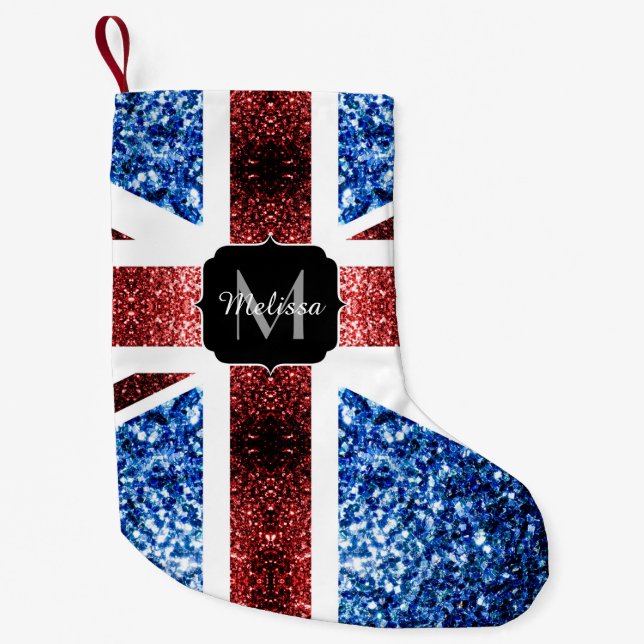Rote und blaue Glitzern Monogram (UK-Flagge) Kleiner Weihnachtsstrumpf (Vorderseite)