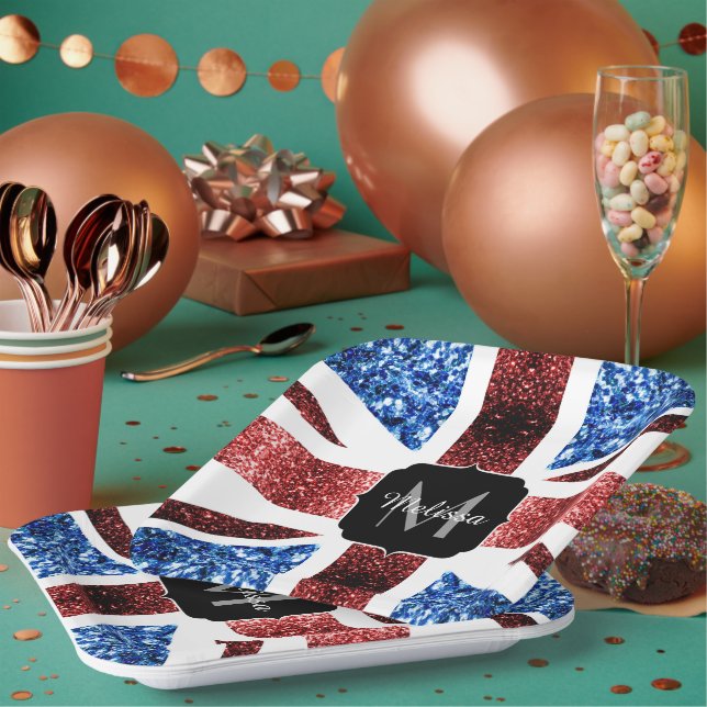 Rote und blaue Glitzern Monogram (UK-Flagge) Pappteller (Multi)