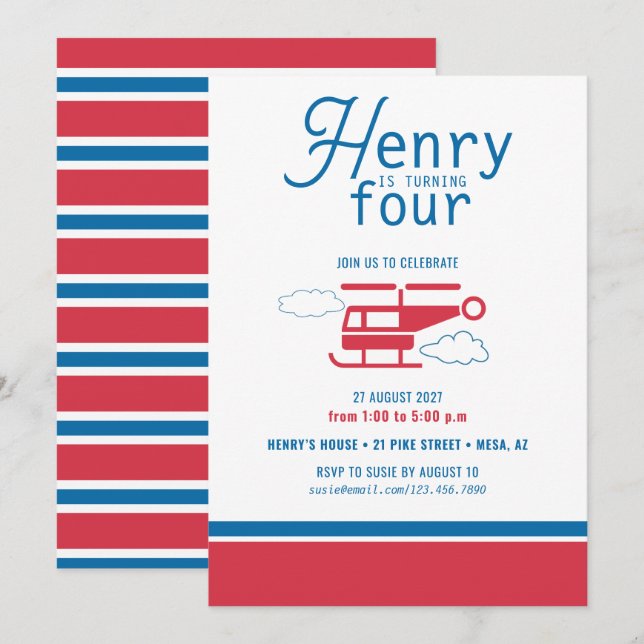 Rote und Blaue Helikopter zum Geburtstag Einladung (Vorne/Hinten)