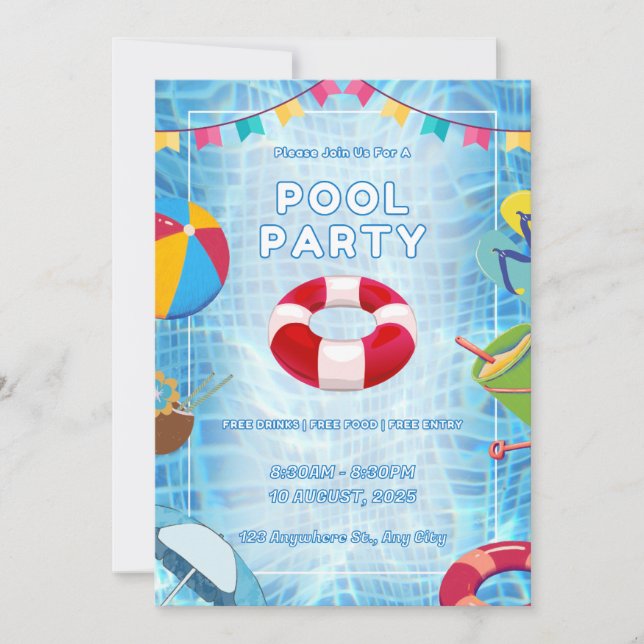 Rote und blaue kühne Poolparty Einladung (Vorderseite)