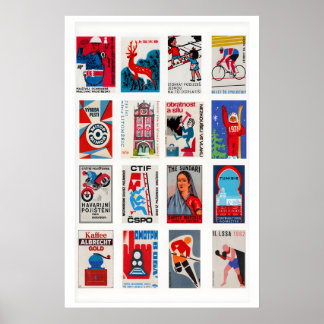 Rote und blaue Matchbox-Etiketten-Collage, fett gr Poster