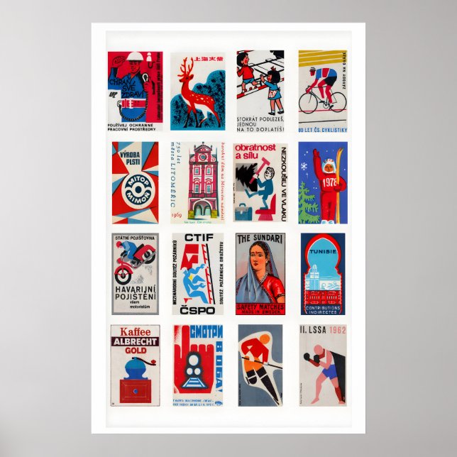Rote und blaue Matchbox-Etiketten-Collage, fett gr Poster (Vorne)