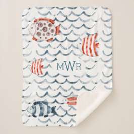 Rote und blaue Monogramm von Aquarellfischen Sherpadecke