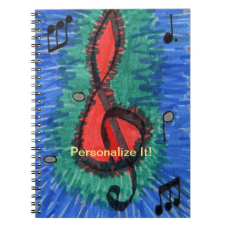 Rote und blaue Musikfans, musikalische Noten Notizblock