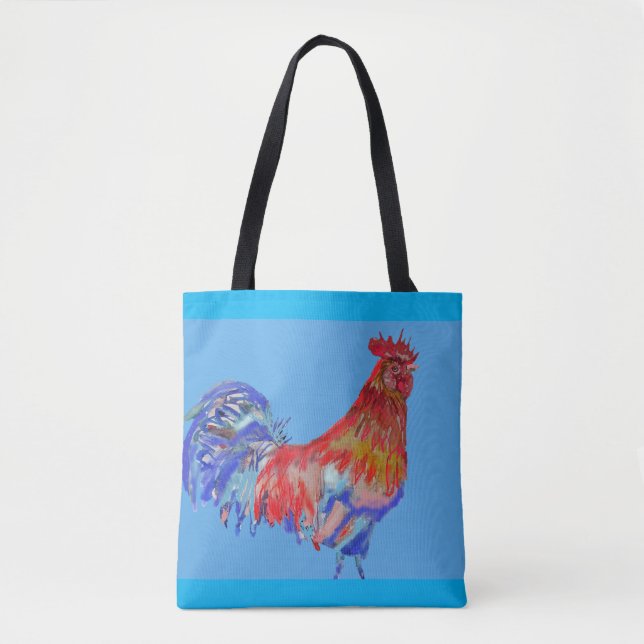 Rote und blaue Rooster Wasserfarbe Totbeutel (Vorderseite)