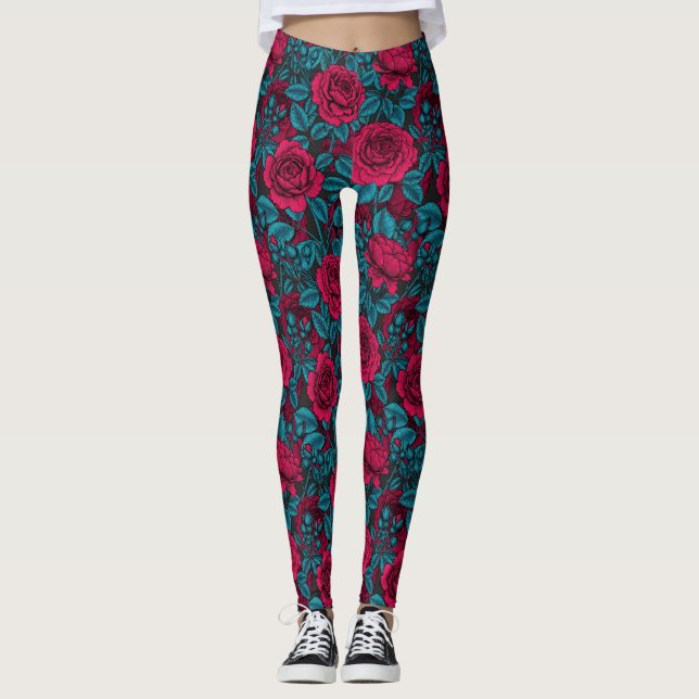 Rote und blaue Rose Leggings (Vorderseite)