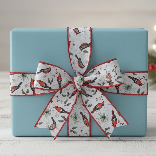 Rote und Blaue Rote Kardinal Vögel und Holly Patte Ripsband (Modern Red Cardinal Bird Xmas Ribbon. Rustic Cardinal Bird, Holly Berries, Snowflakes Nature Pattern)
