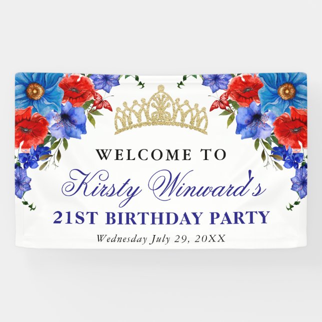 Rote und Blaue Sommer-Blume Geburtstag Banner (Horizontal)