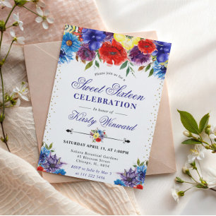 Rote und blaue Sommer-Boho-Blumen Sweet Sixteen Einladung