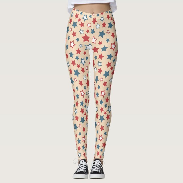 Rote und blaue Sterne, 4. Juli, beiger Hintergrund Leggings (Vorderseite)