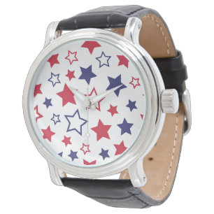 Rote und blaue Sterne, 4. Juli, weißer Hintergrund Armbanduhr