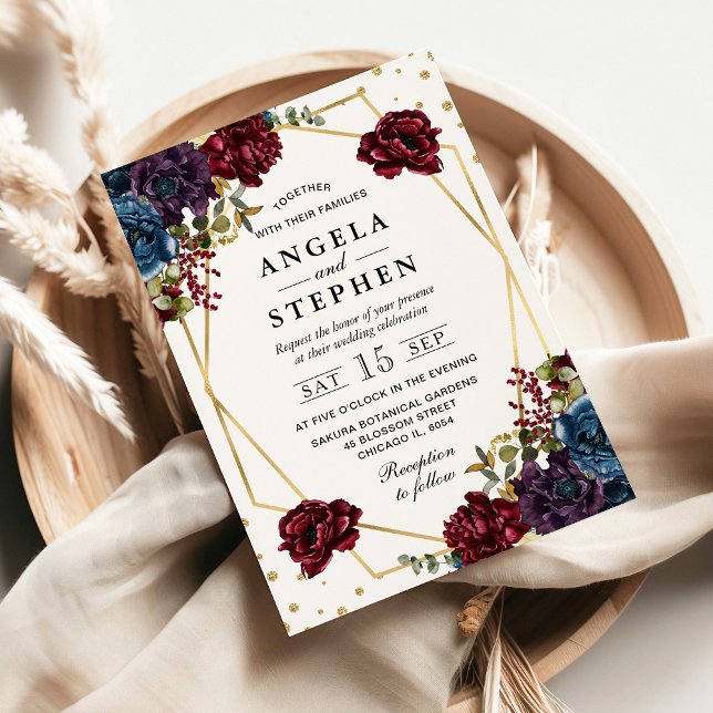 Rote und Blaue Winter Blume Goldrahmen Hochzeit Einladung (Von Creator hochgeladen)