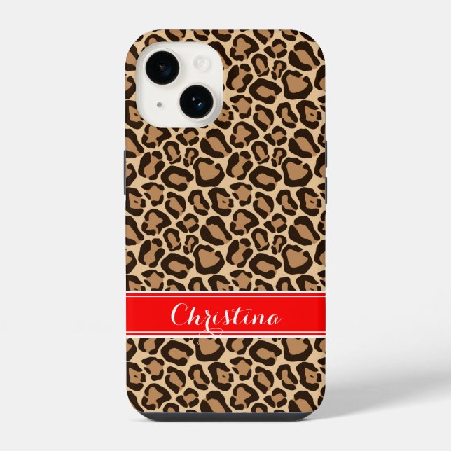 Rote und braune Leopard-Printmonogramm iPhone Hülle (Rückseite)