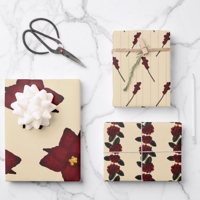 Rote und cremefarbene Flora und Berry Geschenkpapier Set (Vorderseite)