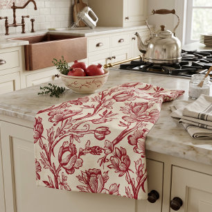 Rote und cremefarbene Tulpen-Toile - Französische Geschirrtuch