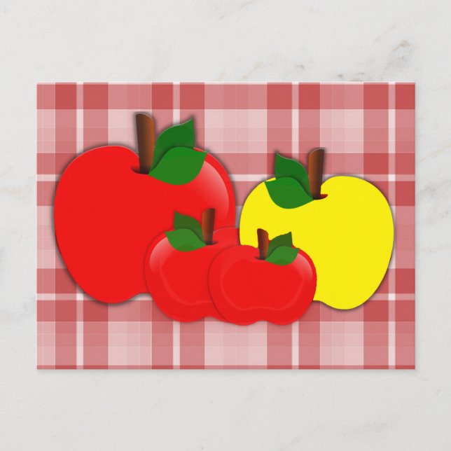 Rote und Gelbe Äpfel auf Kariertem Rot Postkarte (Vorderseite)