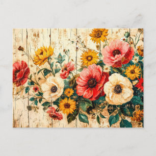 Rote und gelbe Gartenblumen auf Holz Postkarte