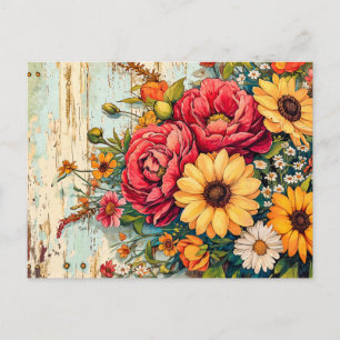 Rote und gelbe Gartenblumen auf Holz Postkarte