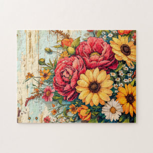 Rote und gelbe Gartenblumen auf Holz Puzzle