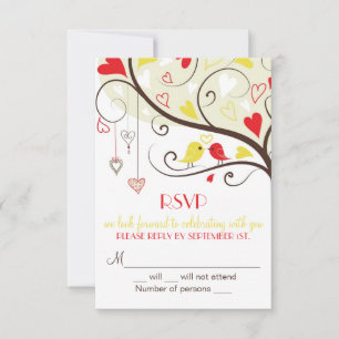 Rote und gelbe Liebesvögel RSVP Hochzeitskarten-Ei Karte
