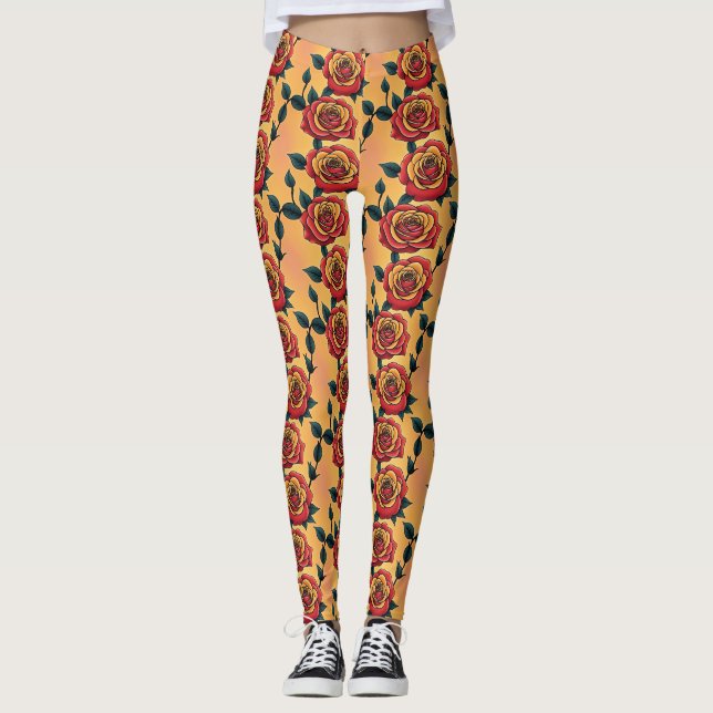Rote und gelbe Rosen Leggings (Vorderseite)