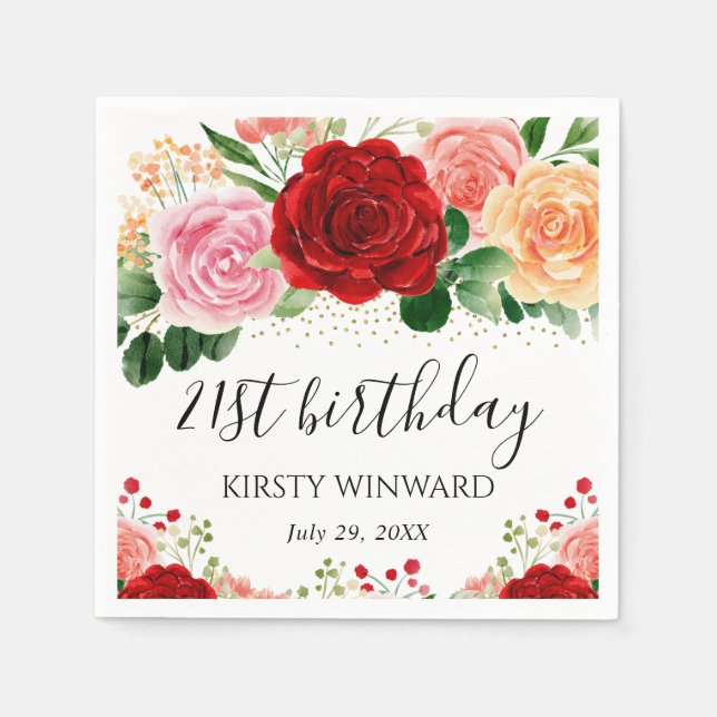 Rote und gelbe Rosen zum Geburtstag Serviette (Vorderseite)