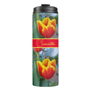 Rote und gelbe Tulip Floral Frauen Name Thermosbecher