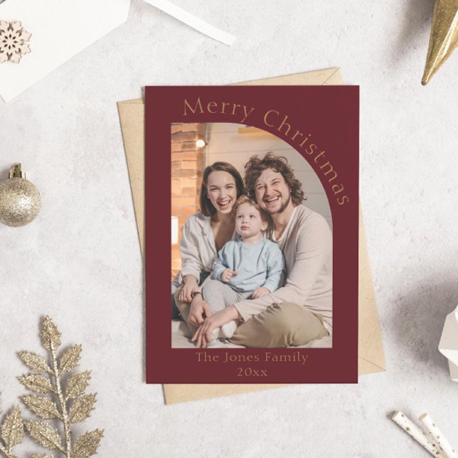 Rote und Gold Moderne Foto Weihnachten (modern boho red arch photo christmas holiday card)