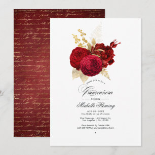 Rote und Gold Vintage Rose Quinceñera Einladung