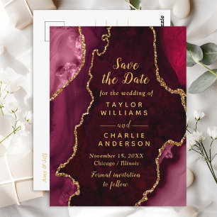 Rote und goldene Achat-Marmor-Hochzeitseinladung Postkarte