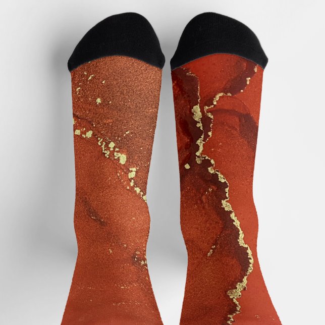 Rote und goldene Alkoholtinte Abstrakte Kunst Socken (Oben)