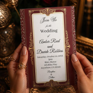 Rote und goldene Art-déco-Hochzeitseinladung Einladung