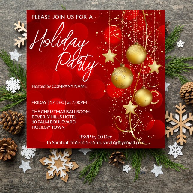 Rote und goldene Bauernhöfe Holiday Invitatio Einladung (Christmas Holiday party editable template invitation digital download red baubles gold corporate )