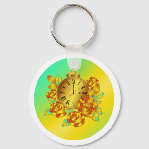 Rote und goldene Blume und antike Uhr Schlüsselanhänger