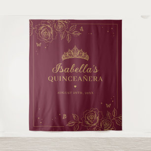 Rote und goldene Blumen-Quinceañera Wandteppich