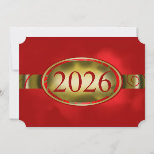 Rote und goldene Blumenknopf-Karte 2026 Einladung